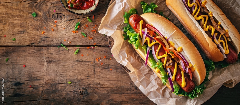Poster two hot dogs with ketchup and mustard on parchment paper. with copy space image. place for adding te