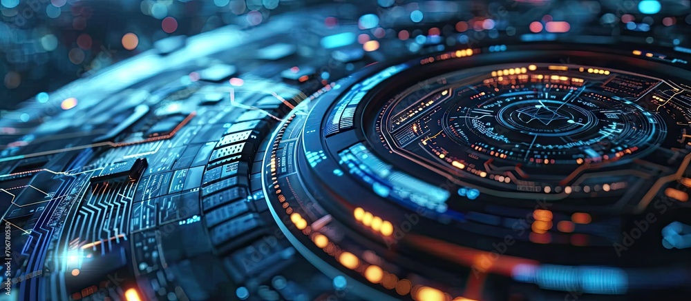 Poster Progress bar loading Man with futuristic tablet in hand Guy using VR glasses Augmented reality future technology concept Futuristic holographic loading interface. with copy space image