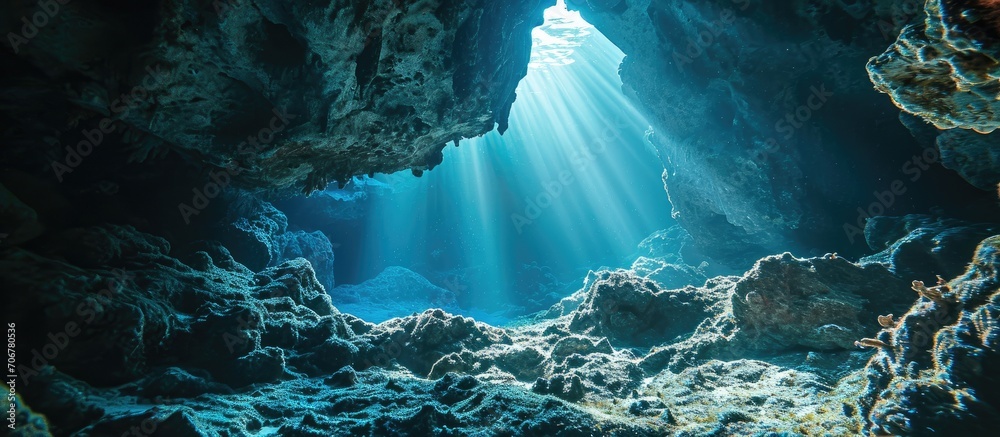 Poster sunlight cascades into the shadows of an underwater cavern in the solomon islands many coral reefs h