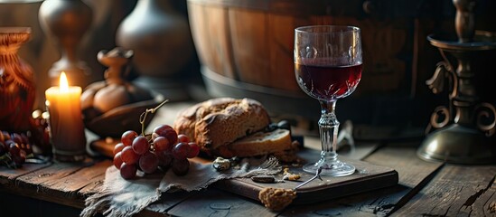The Holy Communion of the Christian Faith of Wine and Unleavened Bread. with copy space image. Place for adding text or design - obrazy, fototapety, plakaty