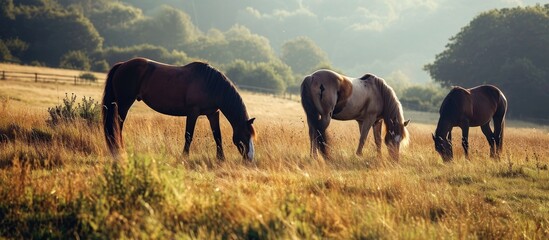 Three horses grazing on a green meadow on a farmland in Kent England. with copy space image. Place for adding text or design