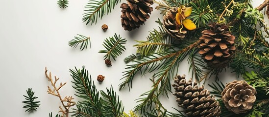 Naklejka premium Nature components wreath preparation for making natural eco decorations. with copy space image. Place for adding text or design
