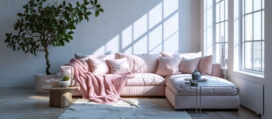 Pastel pink blanket thrown on corner couch standing in white living room interior with simple poster lantern decor and big window in the real photo. with copy space image