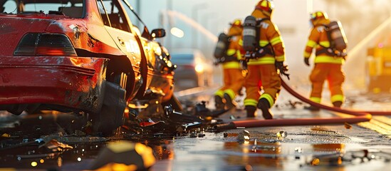 Rescue Team of Firefighters Arrive on the Car Crash Traffic Accident Scene on their Fire Engine Firemen Grab their Tools Equipment and Gear from Fire Truck Rush to Help Injured Trapped People