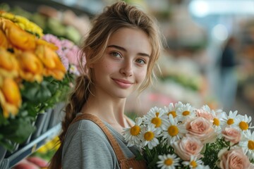 Happy Florist with Pink Blossoms.
Cheerful young lady holding a mix of pink and white blooms at a flower shop.