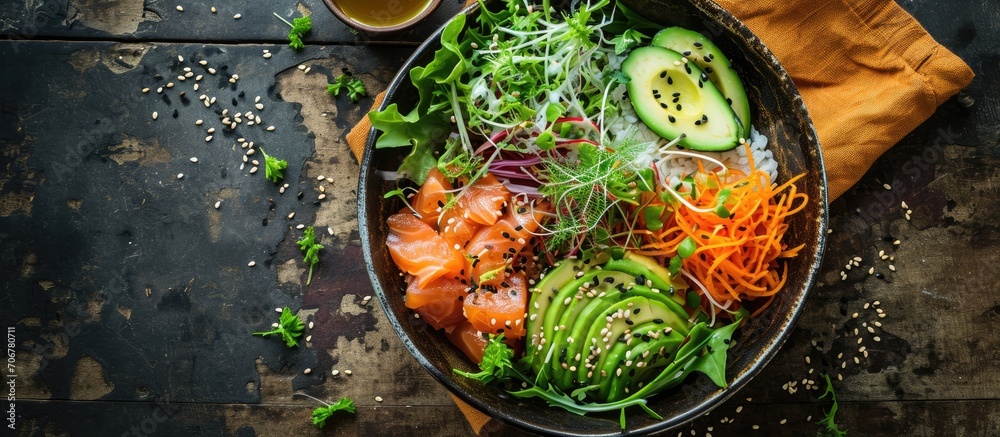 Poster Salmon avocado bowl with broccoli green peas rice and fresh salad Healthy food top view. with copy space image. Place for adding text or design