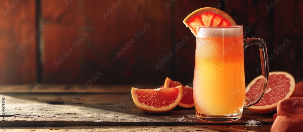 Poster refreshing boozy grapefruit radler shandy in a pint. with copy space image. place for adding text or