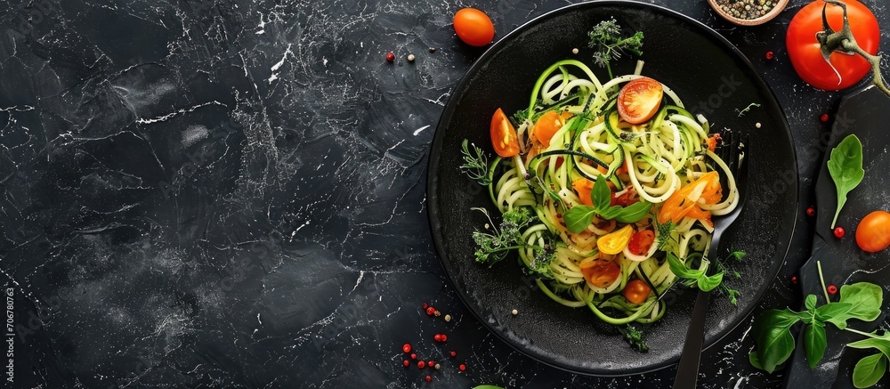 Poster pasta spaghetti with zucchini basil cream and cheese on black stone table vegetarian vegetable pasta