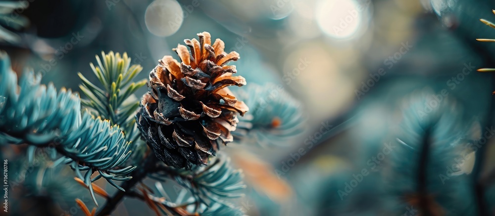 Poster Spring pine cone on a stick with blurry shallow depth of field. with copy space image. Place for adding text or design