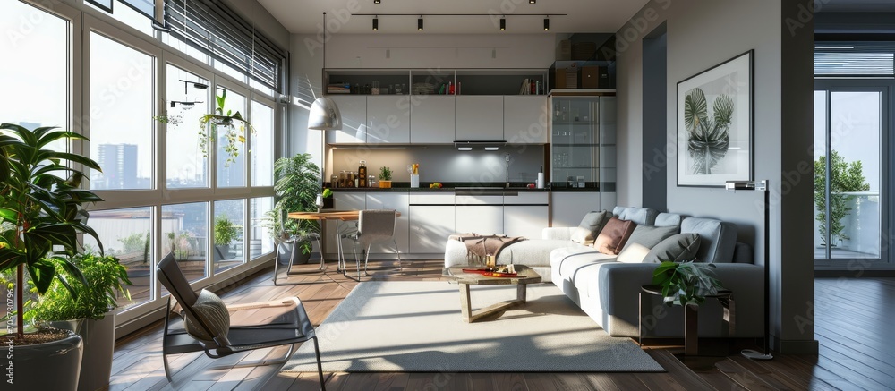 Poster open space studio apartment with kitchen and living area. with copy space image. place for adding te