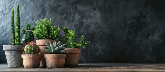 Terrarium Bonsai Mossterarrium succulent terracotta pots and succulents and cacti. with copy space image. Place for adding text or design