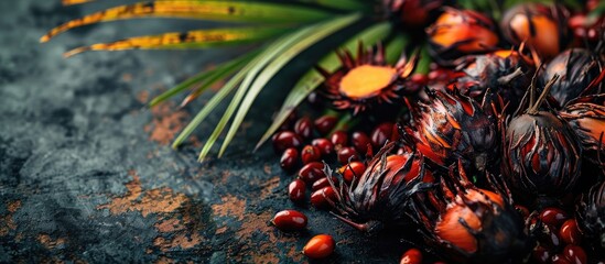 Palm and palm oil are extracted from palm fruit. with copy space image. Place for adding text or design - obrazy, fototapety, plakaty
