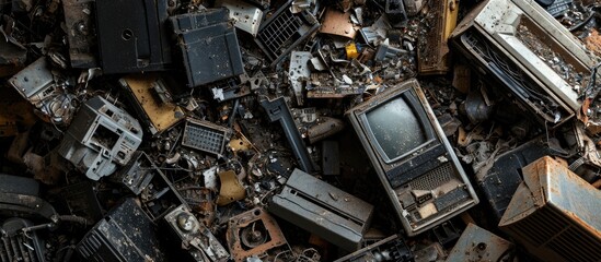 Old electronic devices on a dark background The concept of recycling and disposal of electronic waste Copy space. with copy space image. Place for adding text or design