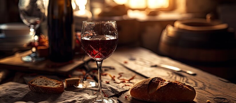 Taking Communion Cup of glass with red wine bread on wooden table focus on wine. with copy space image. Place for adding text or design