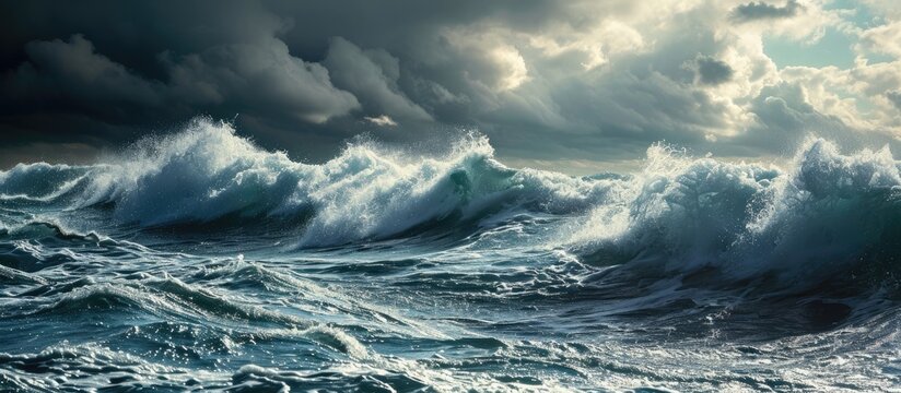 storm in the sea with big waves and dark sky. with copy space image. Place for adding text or design
