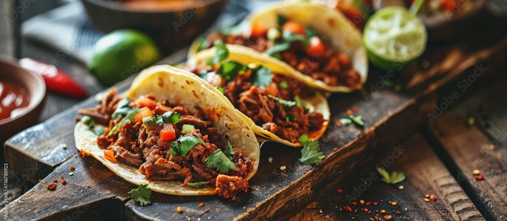 Poster three tacos on white paper on black tray with lengua meat. with copy space image. place for adding t