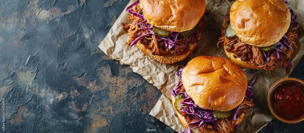 Poster Pulled pork sandwiches with BBQ sauce cabbage and pickles overhead shot. with copy space image. Place for adding text or design