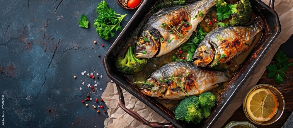 Poster salmon baked roasted fish steaks slices grilled salmon trout fillet fish in marinade with broccoli i