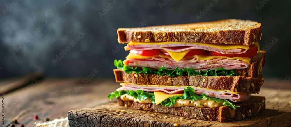 Poster Sandwich of whole wheat bread with ham cheese and fresh tomato triangle cut three layers sandwich bread. with copy space image. Place for adding text or design