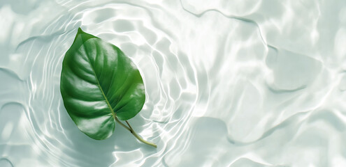 Transparent and clean white water and green leaf background sunlight reflection, top view, beauty...