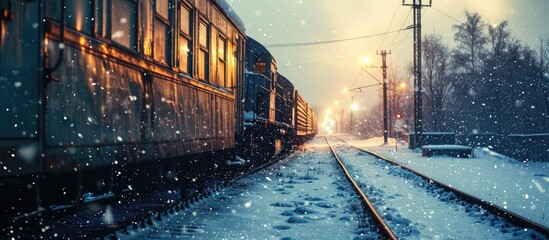The freight train is moving along a snow covered railway. with copy space image. Place for adding text or design - Powered by Adobe