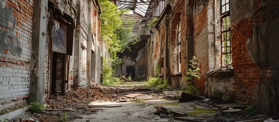Old abandoned ruined building Old sugar mill Collapsed brick wall industrial buildings Demolished...