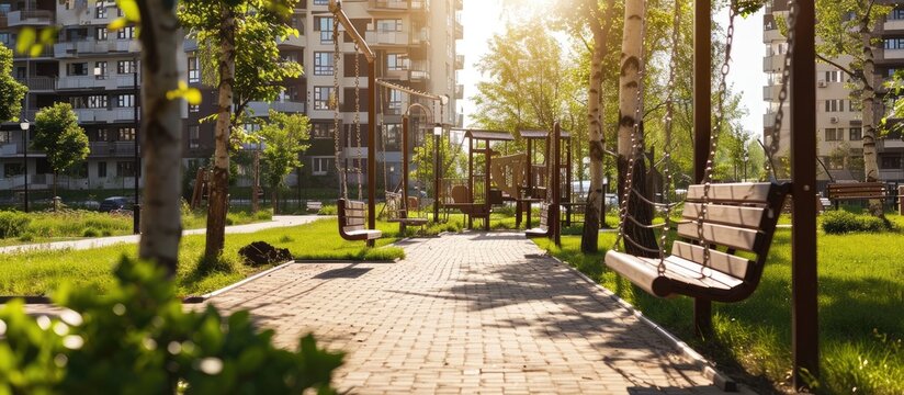Street swings hang in the courtyard of the house a children s playground on the street wooden swings on chains a residential quarter a place of rest for citizens High quality photo