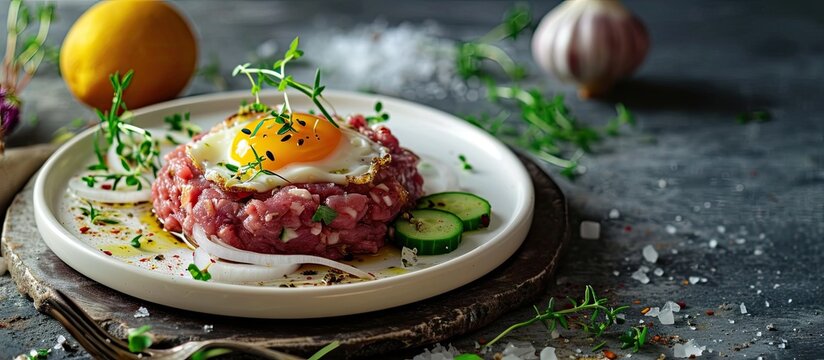 Traditional beef tartar served with a raw egg on top onion and cucumber in white plate ready to be eaten. with copy space image. Place for adding text or design