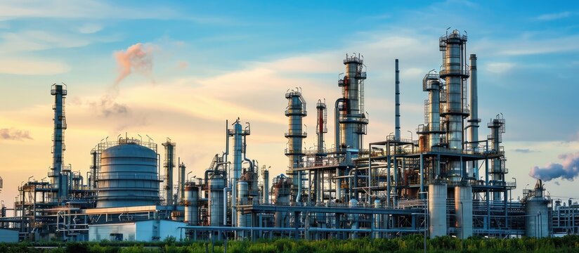 Oil and gas refinery plant and storage tank form industry zone with blu sky background Oil and gas Industrial petrochemical fuel power and energy Ecosystem and ecology environment