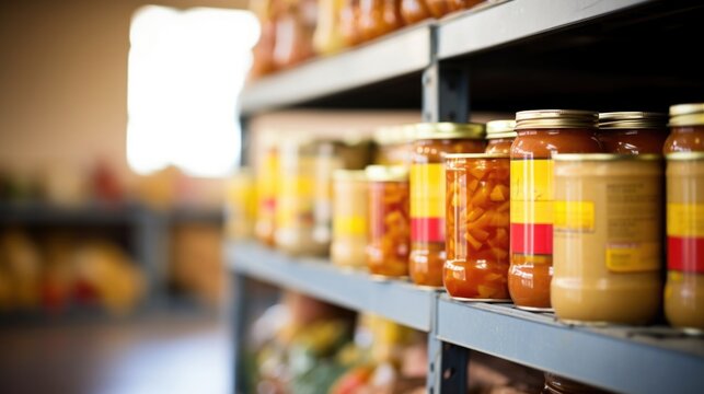 Closeup of a shelf filled with donated canned goods and nonperishable items at a communityshared resource centers food pantry.