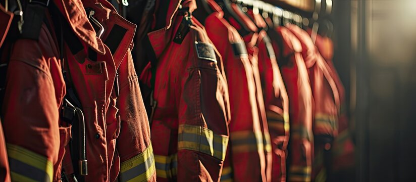 Protective clothes hanging at a fire station. with copy space image. Place for adding text or design