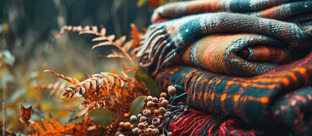 Aufkleber Stack of woolen checked blankets autumn and winter concept banner size. with copy space image. Place for adding text or design