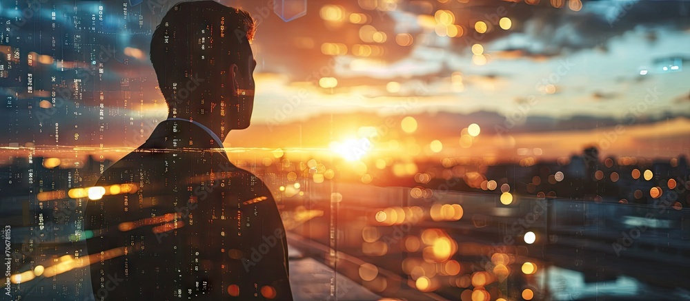 Poster the double exposure image of the businessman looking up during sunrise overlay with cityscape image 