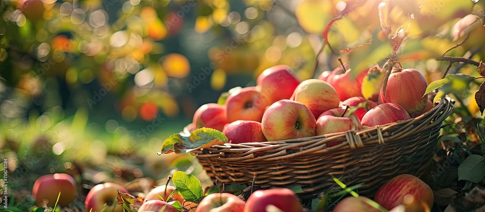 Poster Organic ripe fruit in basket in autumn garden Fresh harvest of apples Nature fruit concept. with copy space image. Place for adding text or design