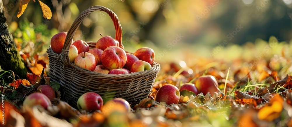 Poster organic ripe fruit in basket in autumn garden fresh harvest of apples nature fruit concept. with cop