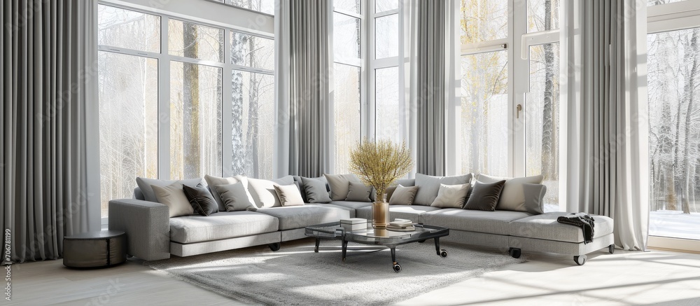 Poster Small living room with grey corner sofa and stylish coffee table on wheels and big windows behind gray and white curtains. with copy space image. Place for adding text or design