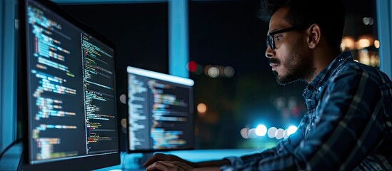 Muslim guy working with code and AI interface on a desktop computer He is a professional developer managing data on a networked server in a cloud based data center. with copy space image