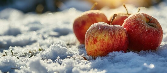 The apples in the orchard remained unharmed Apples on which the snow fell Rotten apples and snow. with copy space image. Place for adding text or design