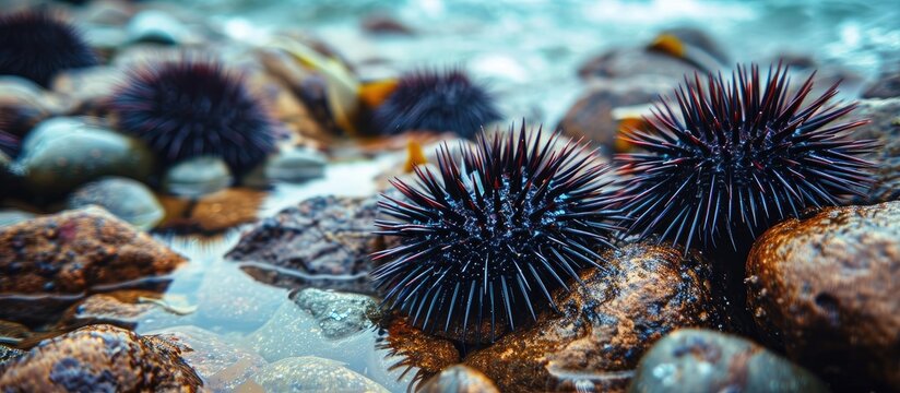 Sea urchins have hard and sharp feathers besides that most sea urchins are black and live attached to rocks. with copy space image. Place for adding text or design