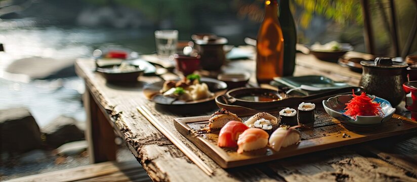 Sushi brunch with apple cider by the river in Old Manali. with copy space image. Place for adding text or design