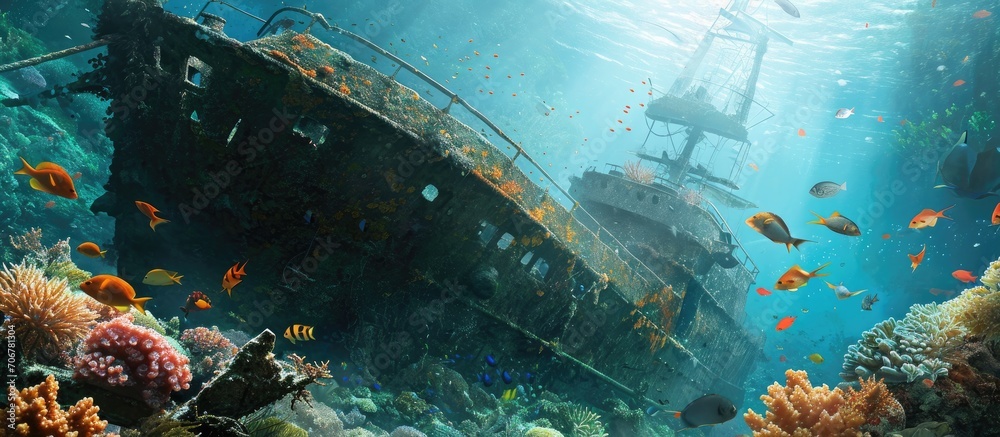 Poster tropical fish swim around a coral encrusted underwater shipwreck. with copy space image. place for a