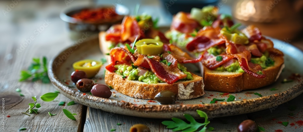 Aufkleber Scramble on toast with bacon guacamole and olives Healthy and tasty breakfast on a plate. with copy space image. Place for adding text or design