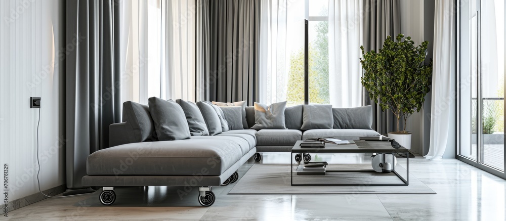 Poster Small living room with grey corner sofa and stylish coffee table on wheels and big windows behind gray and white curtains. with copy space image. Place for adding text or design