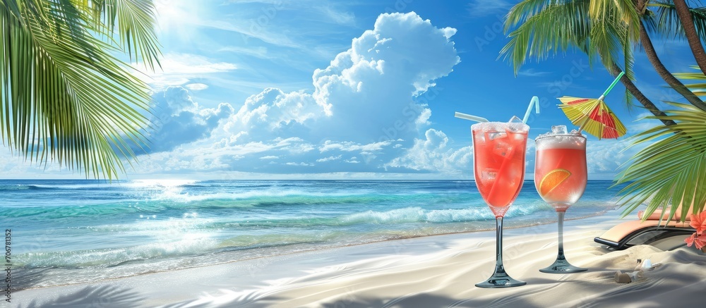 Poster Two chaise longues and cocktails at the beach with clear skies and palm trees. with copy space image. Place for adding text or design