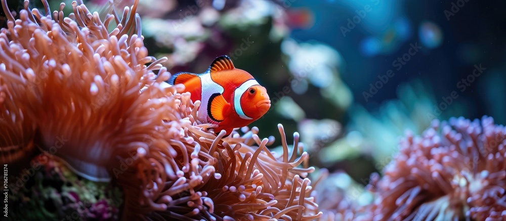 Poster red sea clownfish with bright red sea anemone. with copy space image. Place for adding text or design