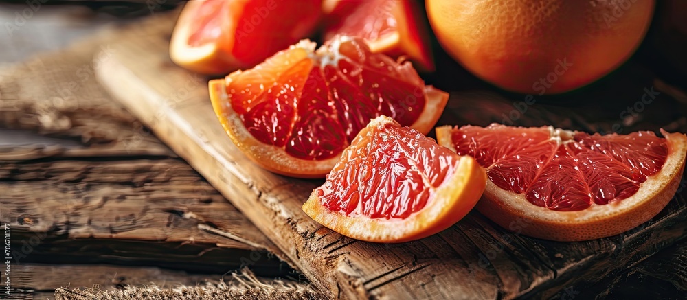 Poster slices of red juicy grapefruit on the wooden board grapefruit skin. with copy space image. place for