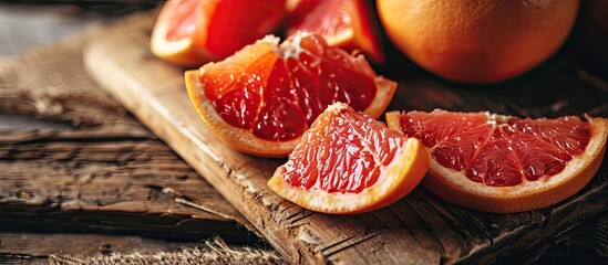 Slices of red juicy grapefruit on the wooden board Grapefruit skin. with copy space image. Place for adding text or design - Powered by Adobe