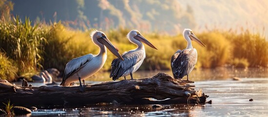 Nature in romania danube three pelicans perched on a log in a serene water habitat wildlife Delta landscape. with copy space image. Place for adding text or design - obrazy, fototapety, plakaty