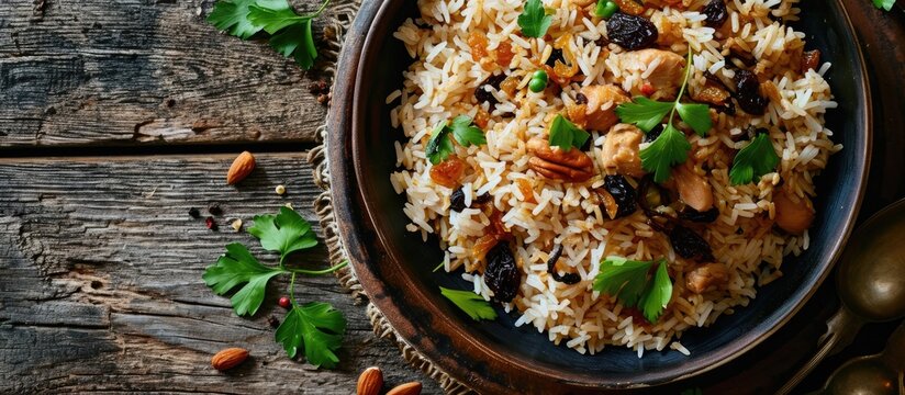 Turkish Perde Pilavi Drape pilaf with chicken almond and raisin A local flavor Rice from Siirt region Turkish name Siirt perde pilavi. with copy space image. Place for adding text or design