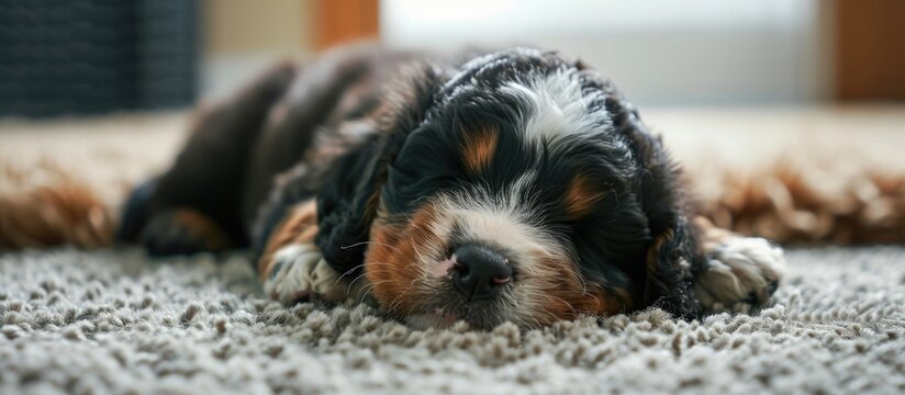 Tri colored Mini Bernedoodle Puppy sleeping on carpet. with copy space image. Place for adding text or design